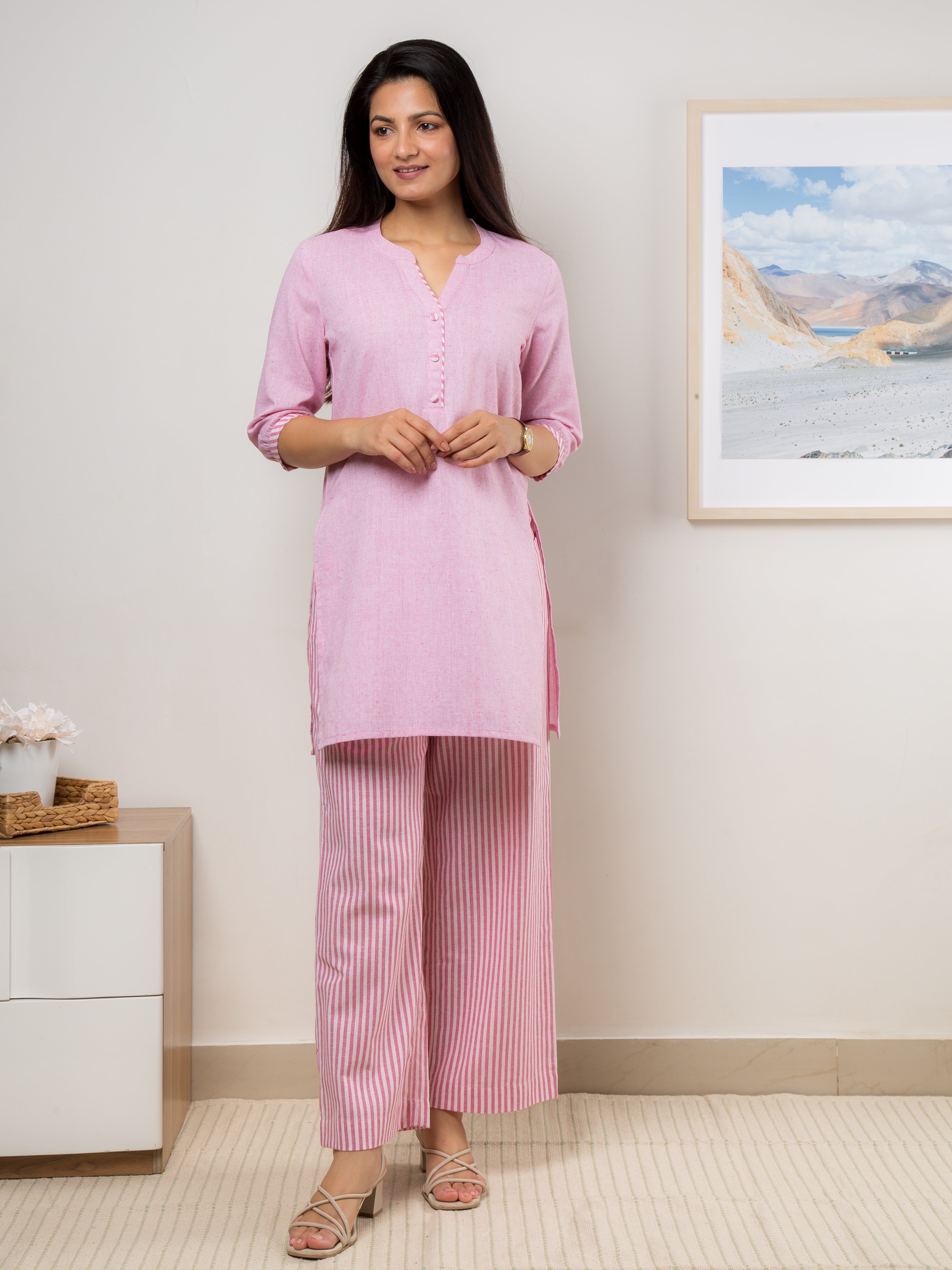 Women's Co-ord Sets - Pink Tunic with Pink striped Pants - Front 2