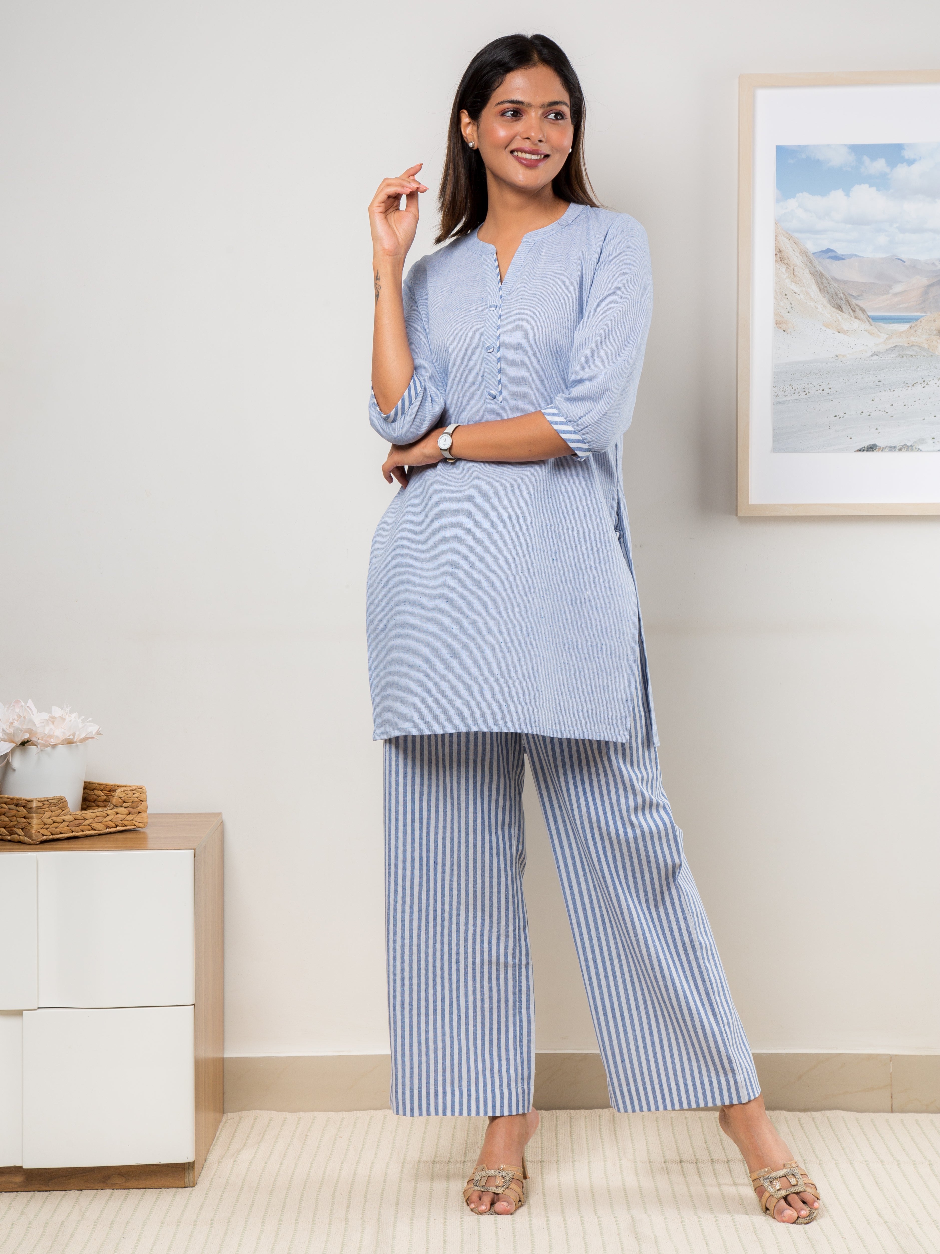 Blue Co-ord Set | Plain Top and Pants in Stripes - Front