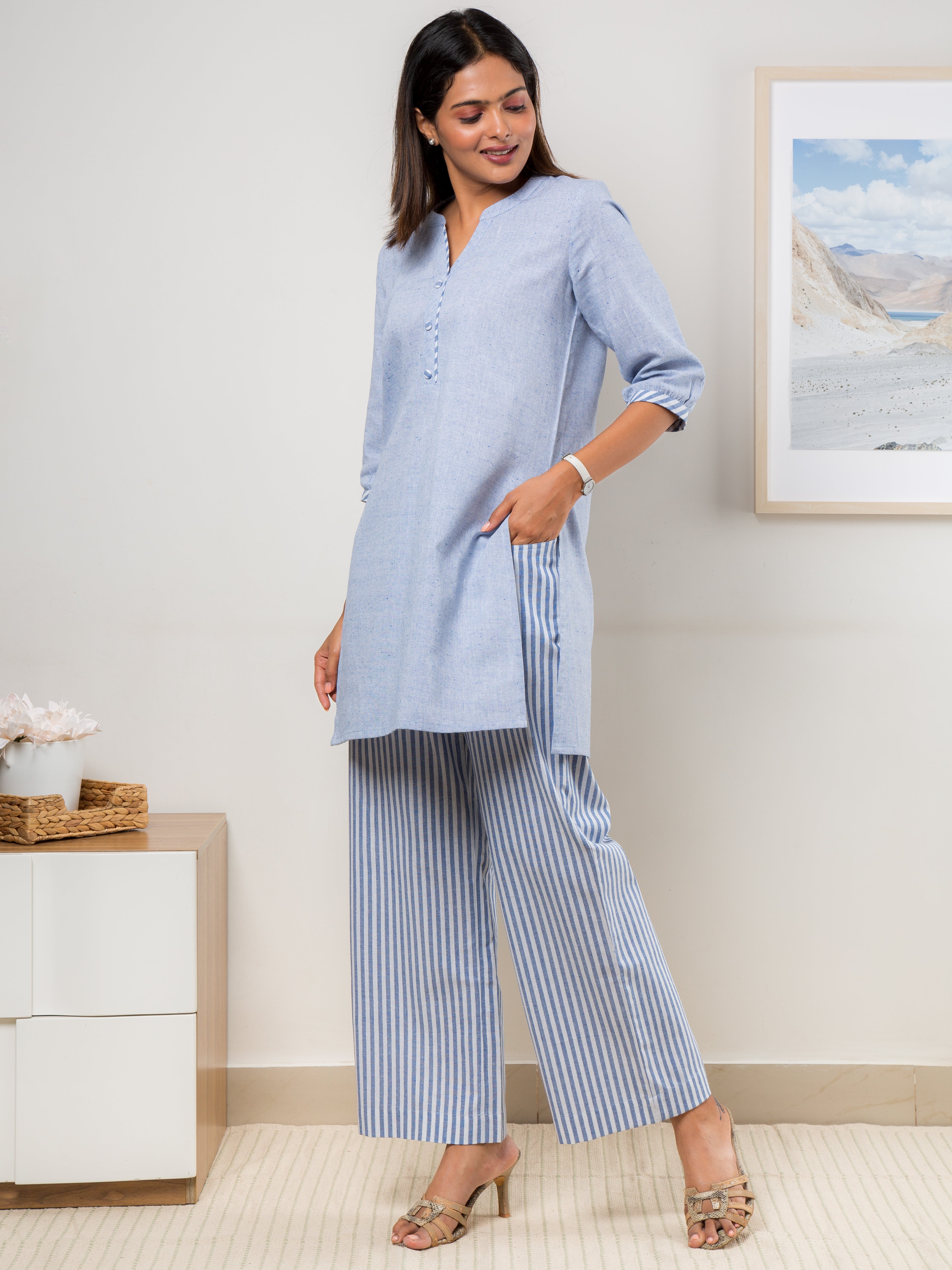 Blue Co-ord Set | Plain Top and Pants in Stripes - Side