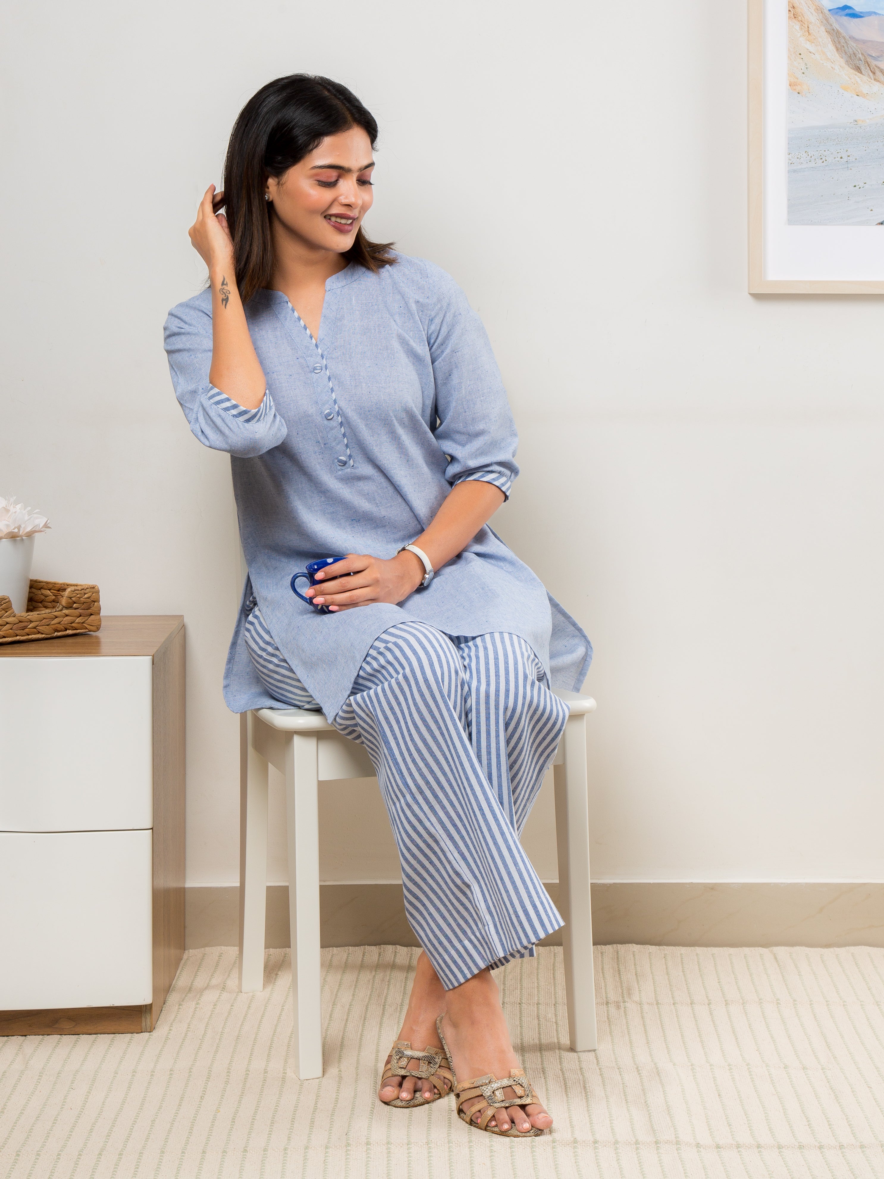 Blue Co-ord Set | Plain Top and Pants in Stripes - Sitting 2