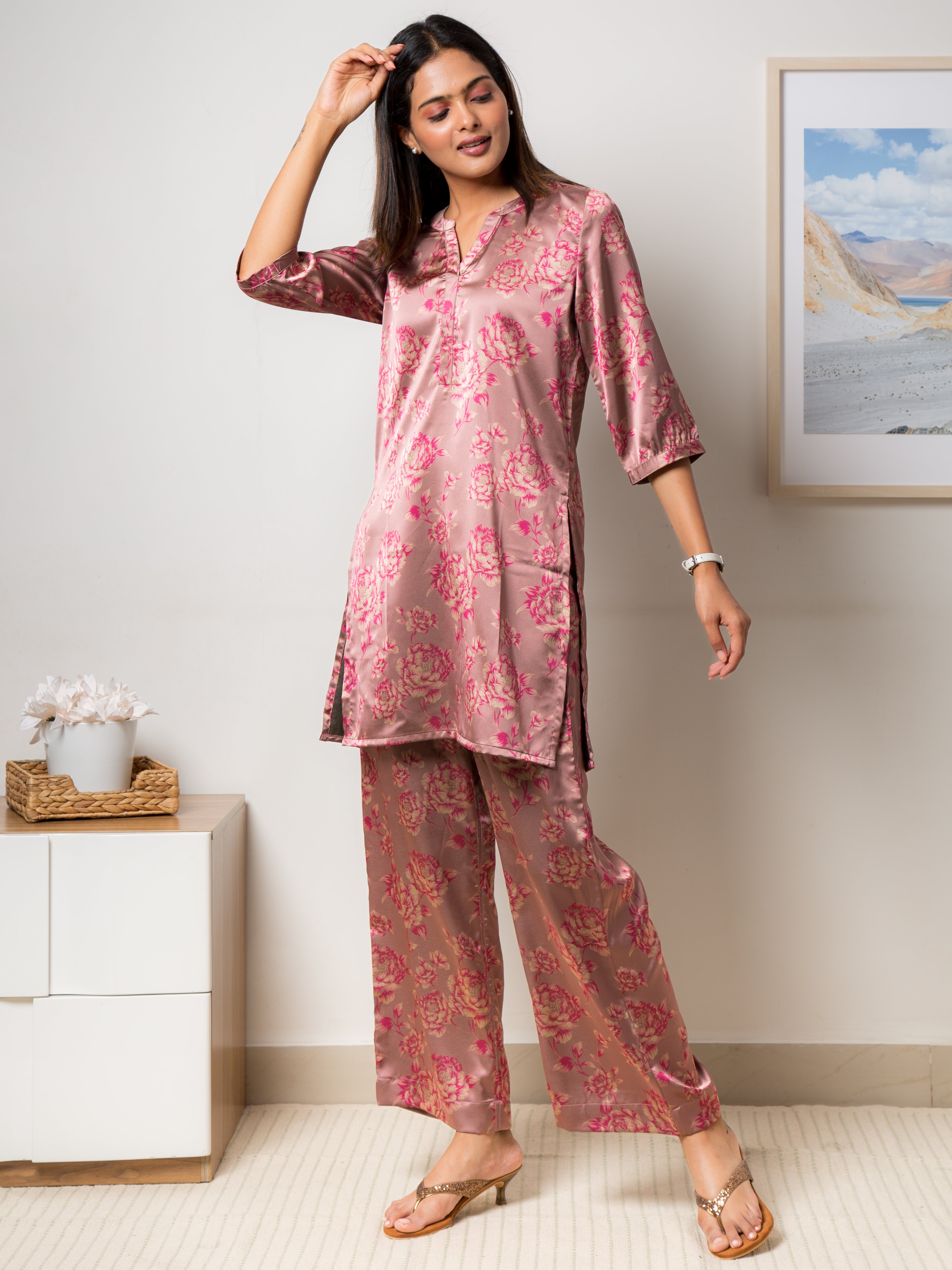 Women's Satin Co-ord Set in Pink Rose Floral Print - Front 2