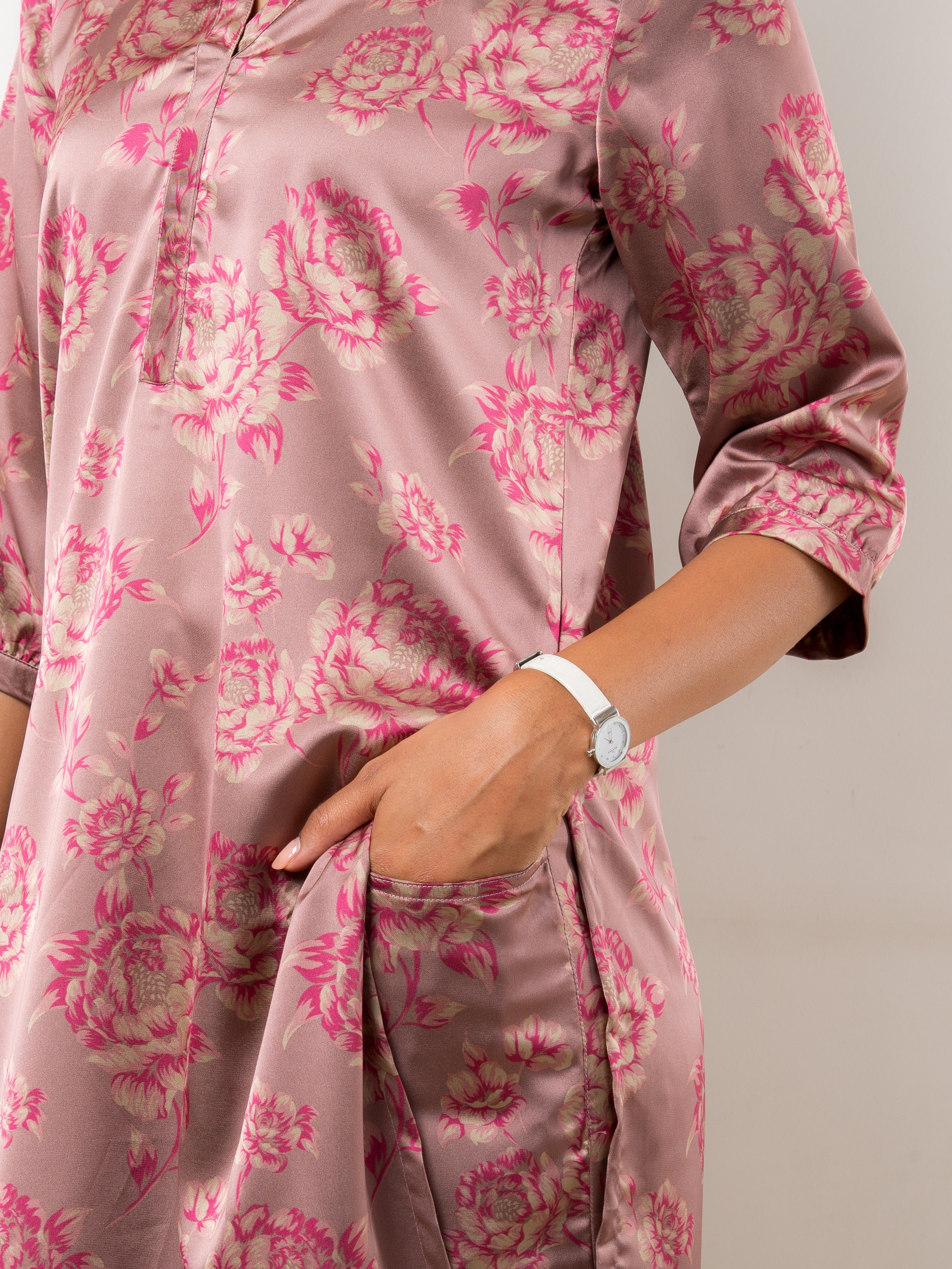 Women's Satin Co-ord Set in Pink Rose Floral Print - Close Up