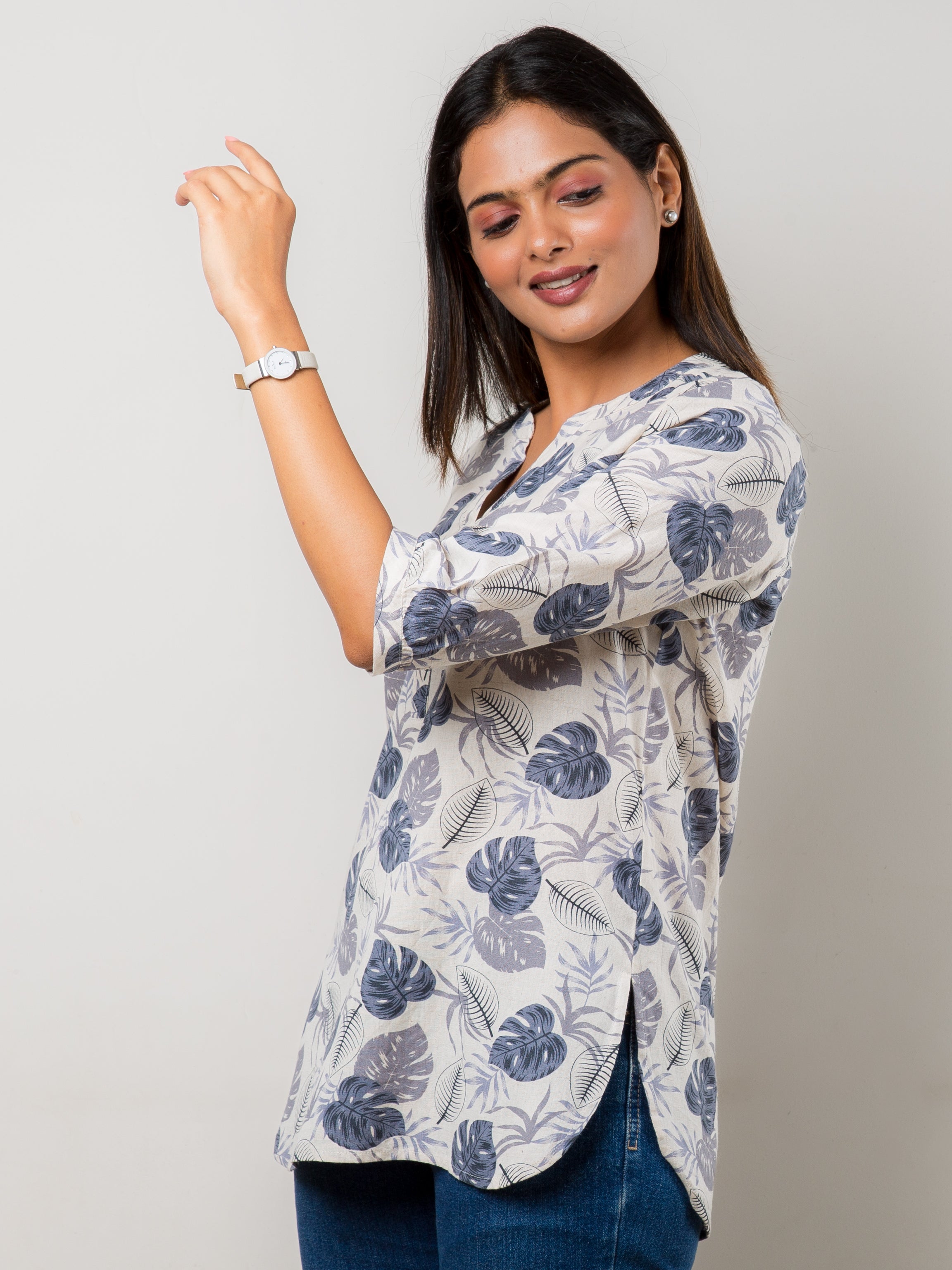 Women's Tunic in Blue Foliage Print - Side