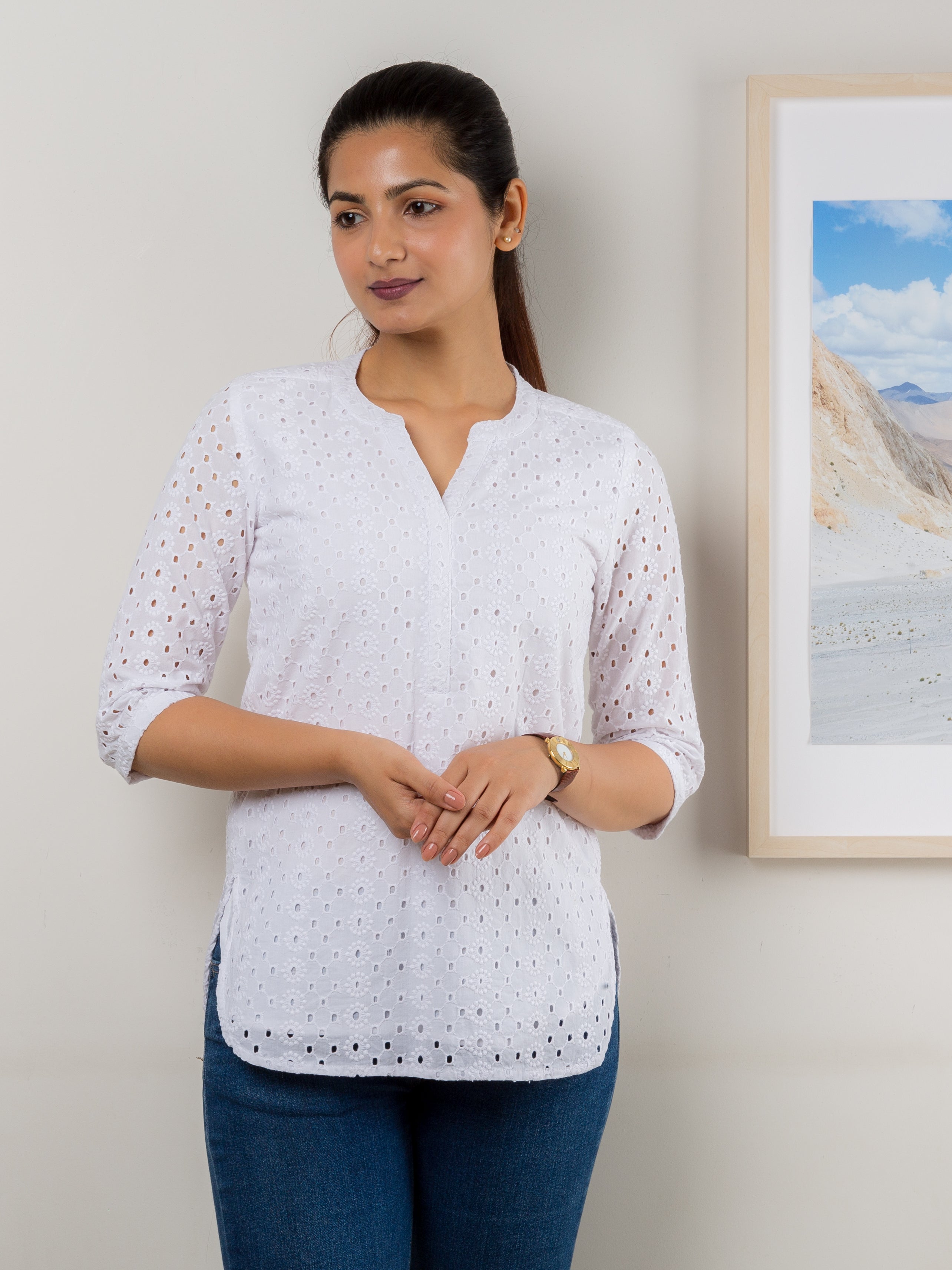 White Cotton Top For Women with Hakoba Embroidery - Front