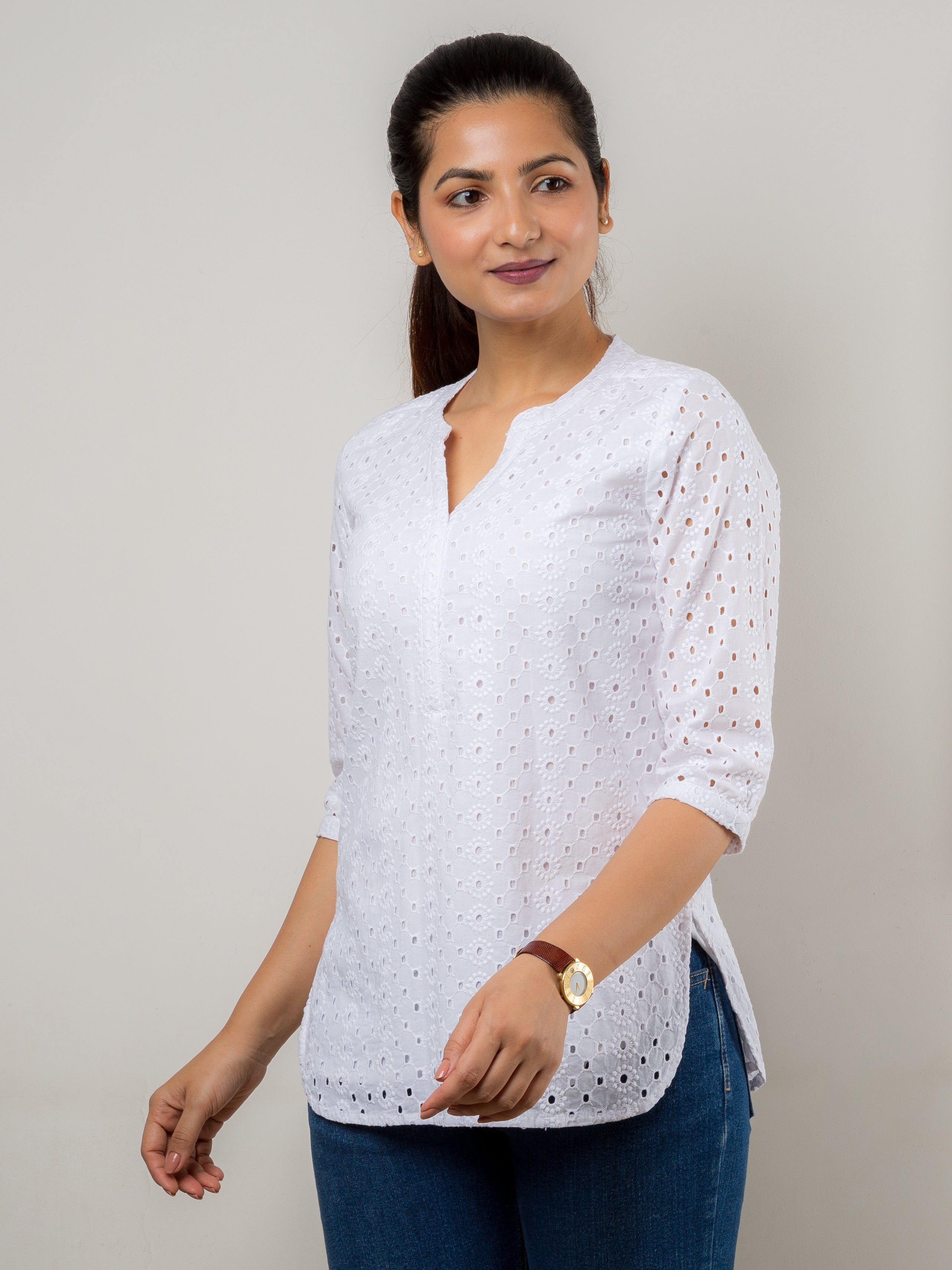 White Cotton Top For Women with Hakoba Embroidery - Side