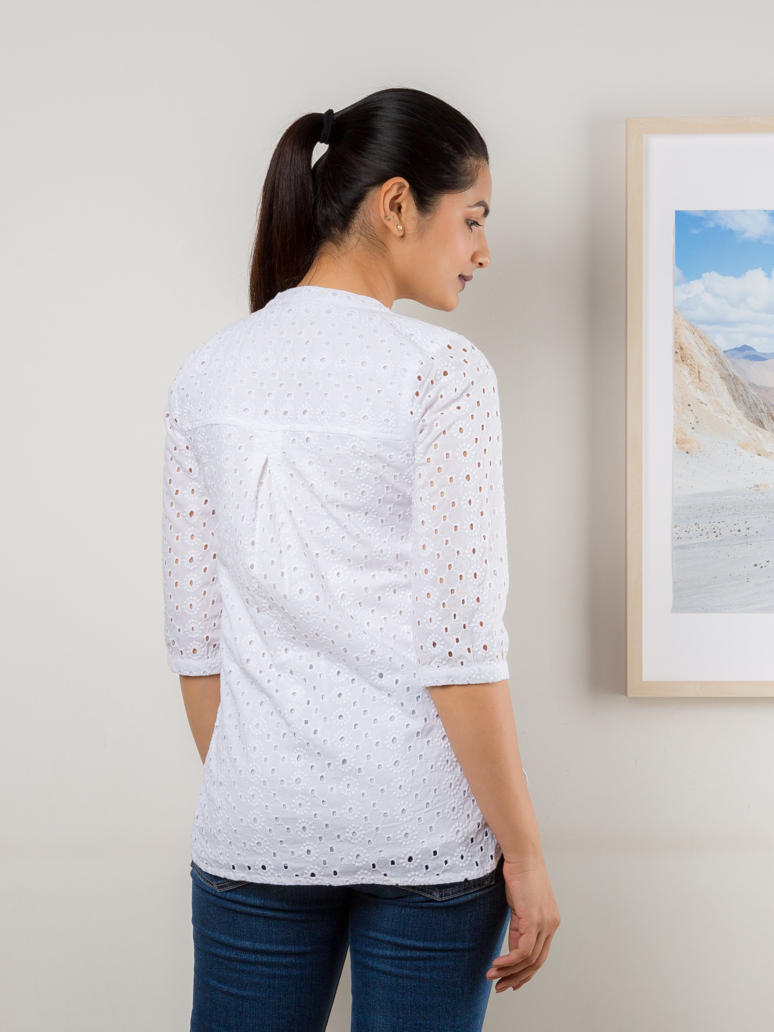 White Cotton Top For Women with Hakoba Embroidery - Back