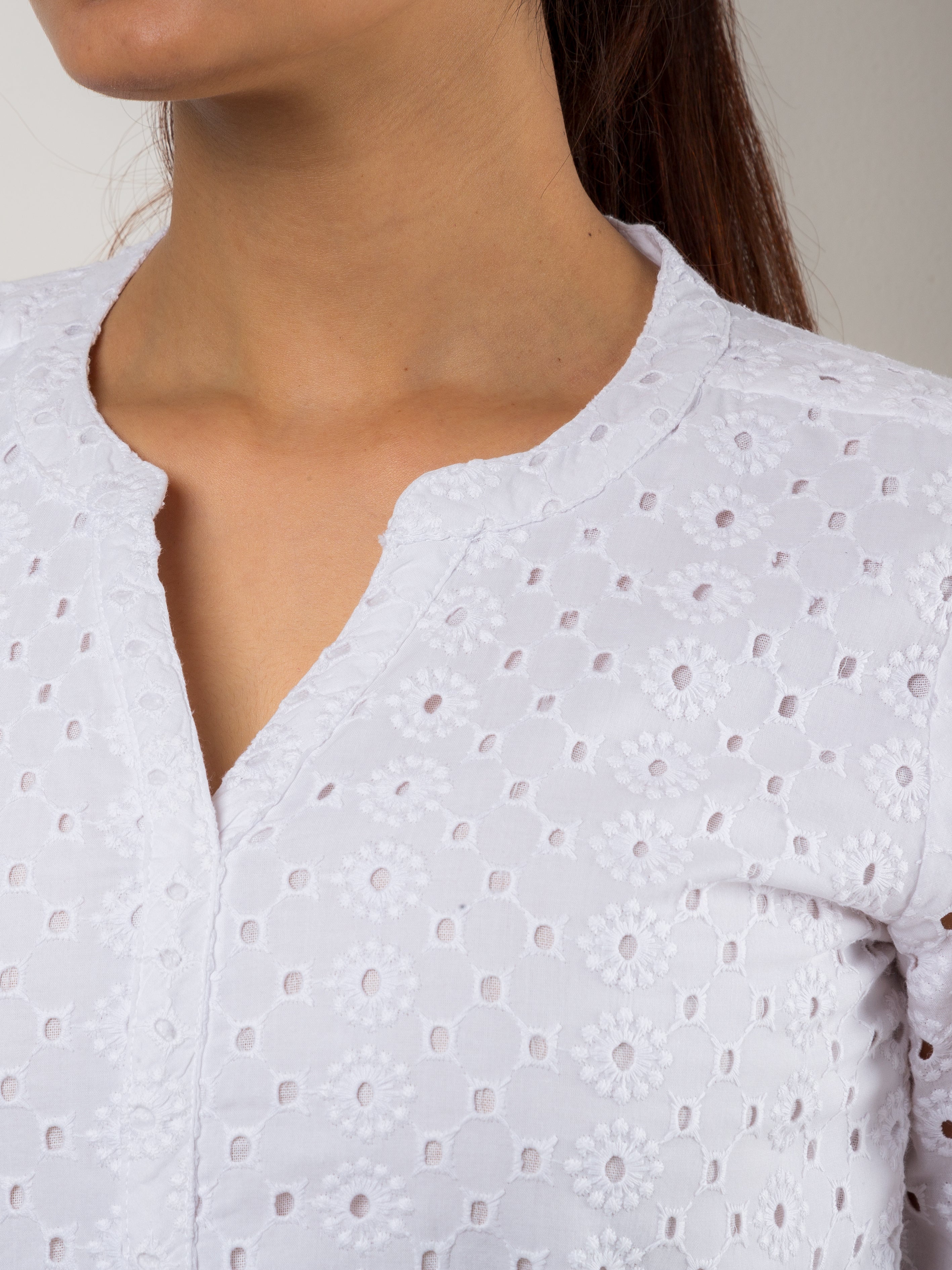 White Cotton Top For Women with Hakoba Embroidery - Close Up