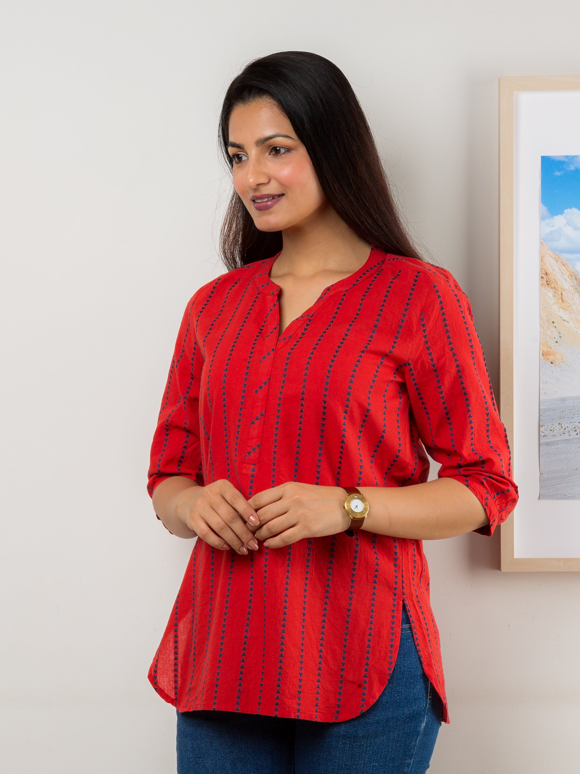 Women's Cotton Tunic in Red - Front 2