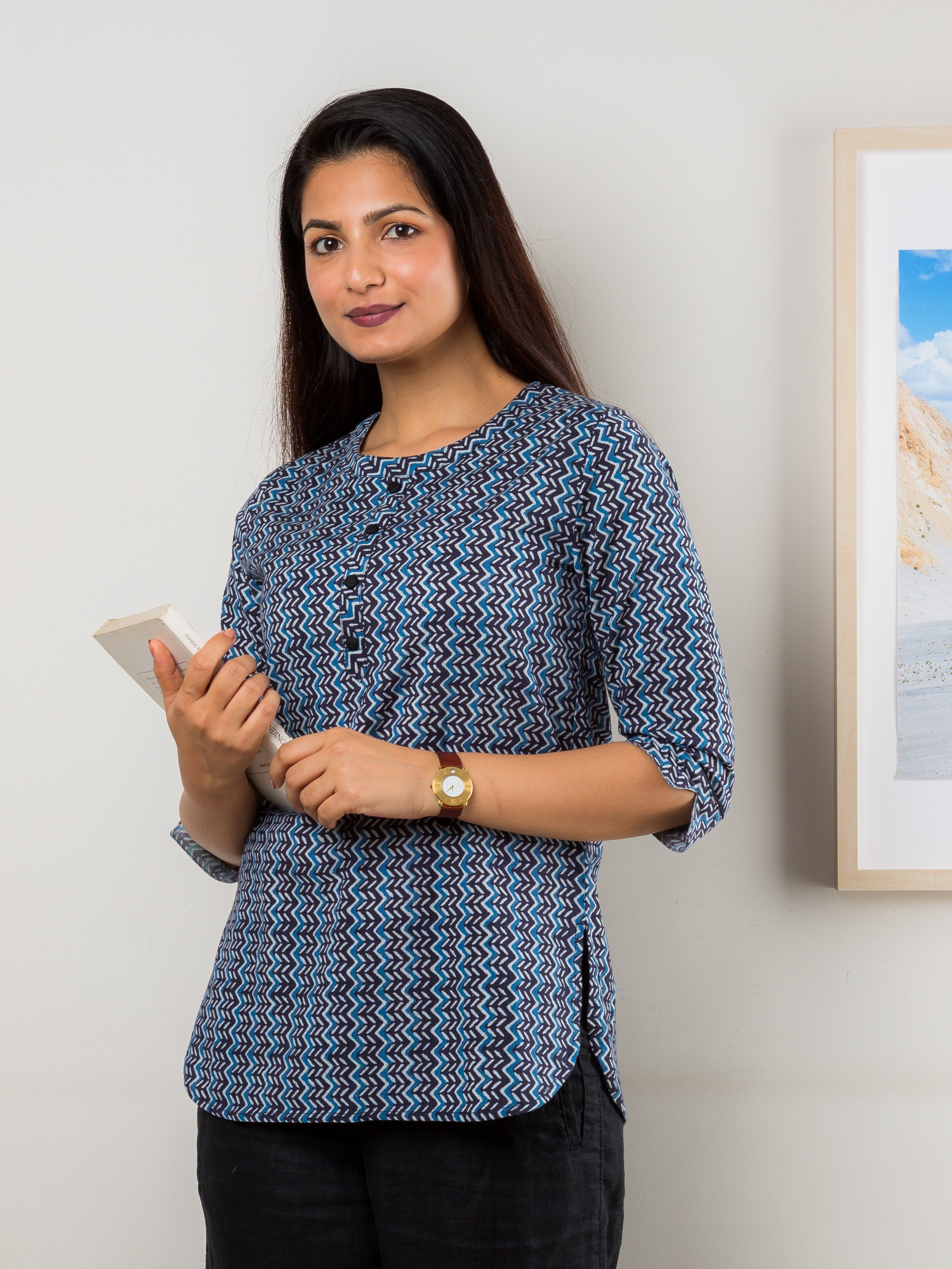 Women's Tunic in Blue, White & Black Geometric Print - Front